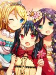  ayase_eli black_hair blonde_hair blue_eyes blush breasts clarinet_(natsumi3230) flower green_eyes heart long_hair looking_at_viewer love_live!_school_idol_project multiple_girls one_eye_closed open_mouth purple_hair red_eyes smile toujou_nozomi twintails yazawa_nico 