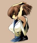 1girl adjusting_hair armpits artist_name beige_background breasts brown_hair huge_breasts japanese_clothes kaga_(kantai_collection) kantai_collection long_hair matunaga mouth_hold simple_background solo traditional_clothes 