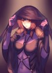  1girl absurdres fate/grand_order fate_(series) highres long_hair navel purple_hair red_eyes scathach_(fate/grand_order) skin_tight solo spaulders vambraces veil 
