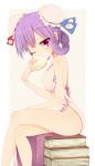  1girl alternate_costume alternate_hairstyle baozi bare_arms bare_legs bare_shoulders book book_stack bow breasts bun_cover china_dress chinese_clothes crossed_legs double_bun dress eating food hair_bun hair_up kuresento large_breasts looking_at_viewer one_eye_closed patchouli_knowledge purple_hair short_hair side_slit simple_background sitting sleeveless sleeveless_dress solo touhou violet_eyes white_background 