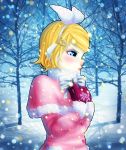  absurdres bare_tree blush bow capelet coat earmuffs expressionless eyeshadow from_side gloves hair_ornament hair_ribbon hairband hairclip hairpin hands_on_own_chest highres kagamine_rin lips makeup outdoors pink_gloves pinkisch plant ribbon short_hair snow snowflakes snowing treble_clef tree upper_body vocaloid white_bow white_bowtie white_ribbon winter winter_clothes winter_coat 