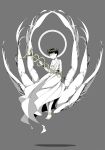  1boy :&lt; alternate_costume ankle_wings bare_shoulders barefoot_sandals black_hair caduceus chiton closed_eyes closed_mouth collarbone feathered_wings floating full_body grey_background halo head_wreath highres holding holding_staff leaf male_focus matsuno_choromatsu multiple_wings osomatsu-kun osomatsu-san sameko simple_background snake solo white_skin wings 