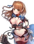  1girl armor arms_behind_back bangs beatrix_(granblue_fantasy) belt black_gloves blunt_bangs blush bound bound_wrists breasts brown_hair cleavage clenched_teeth collar cowboy_shot dog_collar fingerless_gloves gloves granblue_fantasy green_eyes hair_ribbon hands holding_leash large_breasts leash long_hair navel one_side_up open_fly out_of_frame restrained ribbon ririko_(zhuoyandesailaer) short_sleeves simple_background solo_focus stomach sweat sweatdrop thigh-highs thigh_gap torn_clothes unzipped white_background 