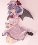  1girl ascot bat_wings chestnut_mouth cup dress full_body gradient gradient_background hat hat_ribbon highres kikkaiki lavender_hair looking_at_viewer mob_cap open_mouth pink_background pink_dress puffy_sleeves red_eyes remilia_scarlet ribbon sash seiza shoes short_hair short_sleeves sitting socks solo teacup touhou white_legwear wings 