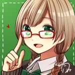  1girl blush braid brown_hair clarinet_(natsumi3230) dotted_line glasses green_background green_eyes heart long_hair lowres smile solo twin_braids 