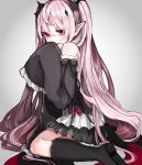  1girl bare_shoulders black_boots black_dress black_legwear boots detached_sleeves dress krul_tepes long_hair looking_at_viewer owari_no_seraph pink_hair pointy_ears red_eyes ribbon smile solo spike_(fluffyspiky) two_side_up vampire very_long_hair 