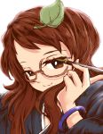  1girl bangle bracelet brown_eyes brown_hair darjeeling_(reley) futatsuiwa_mamizou futatsuiwa_mamizou_(human) glasses hair_ornament highres japanese_clothes jewelry kiseru leaf_hair_ornament pipe smile touhou 