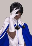  1boy absurdres arjuna_(fate/grand_order) black_hair cape dark_skin fate/grand_order fate_(series) gloves grin hand_over_face highres jacky5493 male_focus short_hair simple_background smile solo upper_body 
