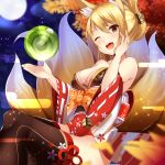  1girl animal_ears bare_shoulders blonde_hair breasts brown_eyes cleavage clouds folded_ponytail fox_ears fox_girl fox_tail hand_on_own_cheek highres japanese_clothes kimono kurogoma_(haruhi3) looking_at_viewer moon night one_eye_closed original solo sparkle tail thigh-highs 