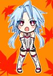  1girl ahoge autumn_leaves blanc blue_hair blush chibi elbow_gloves gloves kamia_(not_found) leotard looking_at_viewer neptune_(series) open_mouth power_symbol red_eyes short_hair_with_long_locks sidelocks symbol-shaped_pupils tears thigh-highs white_heart 