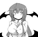  1girl bat_wings blush breasts chata_maru_(irori_sabou) collared_shirt demon_girl dress_shirt embarrassed halftone head_wings highres koakuma large_breasts long_hair long_sleeves looking_at_viewer low_wings monochrome necktie shirt sidelocks simple_background solo touhou upper_body white_background white_shirt wings 