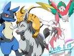  2016 character_name closed_eyes hand_on_own_face hawlucha lucario lying midair mightyena no_humans on_animal open_mouth pokemon pokemon_(creature) raichu red_eyes zangoose 