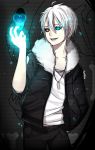  1boy artist_name artist_request black_jacket black_pants black_sclera bone collar dark_background dog_tags fur fur_collar fur_trim glowing glowing_eye heart heterochromia jacket jewelry long_sleeves male_focus necklace open_clothes open_jacket open_mouth pale_skin pants personification sans shirt short_hair sleeves_rolled_up smile solo spoilers text undertale white_hair white_shirt 