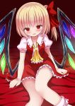  1girl ascot bangs blonde_hair blush bobby_socks collarbone fang flandre_scarlet givuchoko hair_intakes hair_ribbon highres looking_at_viewer open_mouth red_eyes red_ribbon ribbon side_ponytail sitting socks solo touhou white_legwear wings 