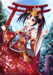  1girl artist_name black_hair brown_eyes cherry_blossoms detached_sleeves euforia hair_ornament japanese_clothes long_hair love_live!_school_idol_project open_mouth outdoors solo yazawa_nico 