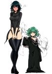  2girls black_dress black_hair black_panties blush boots cosplay costume_switch curly_hair dress fubuki_(onepunch_man) full-face_blush fur_coat green_eyes green_hair highres jewelry lace-trimmed_panties looking_at_viewer loose_clothes multiple_girls necklace onepunch_man panties rakeng short_hair siblings sisters standing tatsumaki thigh-highs thigh_boots underwear 
