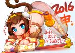  1girl 2016 black_panties blue_eyes blush breasts brown_hair bun_cover cleavage detached_sleeves double_bun earrings fingerless_gloves gloves gourd jewelry large_breasts lee_(colt) long_sleeves looking_at_viewer monkey_ears monkey_tail new_year original panties pants see-through short_hair simple_background smile solo staff sun_wukong tail thigh-highs top-down_bottom-up underwear white_background white_legwear 