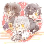  3boys ? bebe_0620 black_hair brown_hair chibi egasumi eyepatch flower grin hagoita hanetsuki japanese_clothes male_focus multiple_boys new_year one_eye_closed ookurikara paddle shokudaikiri_mitsutada smile touken_ranbu tsurumaru_kuninaga white_hair yellow_eyes 