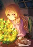  1girl blonde_hair cake christmas_cake christmas_tree food idolmaster idolmaster_cinderella_girls long_hair maru_(sara_duke) mochizuki_hijiri red_eyes smile solo star 