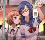  2girls blush brown_hair glasses hair_ornament hairclip long_hair multiple_girls niina_ryou red-framed_glasses school_uniform serafuku shigure_kasumi short_hair smile tagme train train_interior valkyrie_drive valkyrie_drive_-mermaid- yuri 