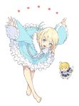  1girl barefoot blonde_hair blue_eyes dress fate/prototype fate_(series) highres looking_at_viewer nakahara_(mu_tation) open_mouth outstretched_hand saber sajou_manaka short_hair simple_background smile solo stuffed_toy 