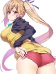  1girl adjusting_buruma adjusting_clothes ass blonde_hair breasts buruma eyebrows eyebrows_visible_through_hair eyelashes from_behind gradient_hair hair_ribbon highres kawakami_mai large_breasts long_hair looking_at_viewer looking_back mole mole_under_eye multicolored_hair musaigen_no_phantom_world okita_ababa panties panties_under_buruma pink_hair ribbon school_uniform side_ponytail solo sweater_vest thighs underwear very_long_hair violet_eyes 