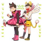  2boys :d animal_ears bbadam bell bell_collar belt black_hair black_legwear blush boots brothers brown_eyes cardcaptor_sakura cat_ears cat_tail collar cosplay crossdressinging dress fake_animal_ears frills full_body fuuin_no_tsue half-closed_eyes heart heart_in_mouth holding_another&#039;s_tail jitome kero kero_(cosplay) kinomoto_sakura kinomoto_sakura_(cosplay) kneehighs legs_apart long_sleeves magical_girl male_focus matsuno_ichimatsu matsuno_juushimatsu messy_hair multiple_boys open_mouth osomatsu-kun osomatsu-san pantyhose paw_print pink_boots pink_dress pom_pom_(clothes) shirt shoes shorts siblings sleeves_past_wrists smile standing suspenders tail wand white_background white_shirt white_wings wings yellow_shoes yellow_shorts 