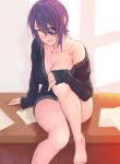  1girl and ass barefoot black_shirt breasts cleavage collarbone desk eyepatch hand_on_own_knee indoors kantai_collection large_breasts legs lips long_sleeves naked_shirt no_headwear no_legwear no_pants no_shoes off_shoulder on_desk open_clothes open_shirt paper parted_lips purple_hair room shirt sitting sitting_on_desk smile solo sunlight teeth tenryuu_(kantai_collection) thighs yellow_eyes 