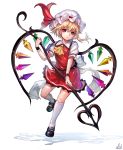  1girl absurdres ascot blonde_hair blue_eyes dikko dress flandre_scarlet hat hat_ribbon heart heart_wings highres laevatein mary_janes mob_cap puffy_short_sleeves puffy_sleeves red_dress revision ribbon sash shirt shoes short_sleeves side_ponytail signature solo touhou wings wrist_cuffs 