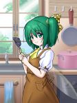  1girl alternate_costume apron ascot blush bow collared_shirt cooking_pot cowboy_shot daiyousei day from_side frying_pan green_eyes green_hair hair_bow highres indoors kitchen light_rays looking_at_viewer pocket shirt short_hair side_ponytail sink sketch smile solo spatula stove sunlight touhou towel tree white_shirt window 