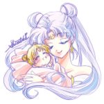  2girls baby bishoujo_senshi_sailor_moon blonde_hair closed_eyes crescent double_bun earrings facial_mark forehead_mark jewelry long_hair lowres mother_and_daughter multiple_girls princess_serenity queen_serenity shirataki_kaiseki short_hair signature smile tsukino_usagi twintails upper_body white_background white_hair 