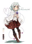  1girl alternate_costume black_legwear blush boots color_guide contemporary cross-laced_footwear eyeball fishnets floral_print full_body green_eyes green_hair heart heart_of_string komeiji_koishi lace-up_boots long_sleeves looking_at_viewer no_hat poncho short_hair simple_background skirt smile solo string third_eye touhou toutenkou twitter_username white_background 