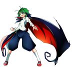  1girl :d antennae baba_(baba_seimaijo) cape clenched_hand full_body green_eyes green_hair highres juliet_sleeves kneehighs long_sleeves mary_janes open_mouth puffy_sleeves shirt shoes short_hair shorts smile solo touhou transparent_background white_legwear wriggle_nightbug 