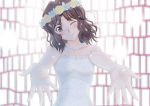  1girl abstract_background amagami bare_shoulders black_eyes black_hair bloom blush bridal_veil bride collarbone dress elbow_gloves facing_viewer gloves h.i.t_(59-18-45) head_tilt head_wreath jewelry long_hair looking_at_viewer messy_hair necklace one_eye_closed outstretched_arms pearl_necklace smile solo strapless_dress sunlight tanamachi_kaoru veil white_gloves 