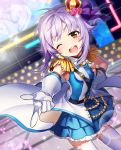  1girl blush brown_eyes crown crystal_night_party dress epaulettes hair_ornament idolmaster idolmaster_cinderella_girls koshimizu_sachiko mini_crown open_mouth purple_hair short_hair smile solo thigh-highs zn_(zzzzzni) 