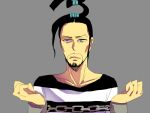  1boy asdge23 beard black_hair brown_eyes chain facial_hair galdino grey_background one_piece prison_clothes prisoner simple_background solo 