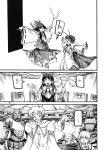  3girls absurdres ameyama_denshin antennae ascot blush_stickers bound bow cape cirno comic detached_sleeves doujinshi gohei hair_bow hair_tubes highres ice ice_wings insect monochrome multiple_girls outstretched_arms page_number scan tied_up touhou translated wings wriggle_nightbug 