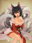  1girl ahri animal_ears bare_shoulders between_legs black_hair breasts cleavage detached_sleeves facial_mark finger_to_mouth fingernails fox_ears fox_tail hand_between_legs korean_clothes large_breasts league_of_legends long_hair looking_at_viewer multiple_tails sharp_fingernails signature sitting solo tail tongue tongue_out upper_body uta_jinro whisker_markings yellow_eyes 