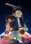  1boy androgynous brown_hair closed_eyes frisk_(undertale) grin hands_in_pockets highres hoodie noahxica reflection sans shoes shorts sitting skeleton sky smile sneakers star_(sky) starry_sky striped striped_sweater sweater tagme telescope undertale 