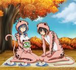  1boy 1girl arya black_hair blue_hair cake cat cat_tail closed_eyes embarrassed fairy_tail food gray_fullbuster juvia_lockser long_hair outdoors short_hair smile tail tree 