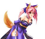  1girl animal_ears blue_legwear bow breasts caster_(fate/extra) cleavage collarbone detached_sleeves fate/extra fate/stay_night fate_(series) fox_ears fox_tail hair_bow hair_ribbon highres japanese_clothes looking_at_viewer pink_hair ribbon simple_background solo tail white_background yellow_eyes 