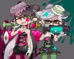  +_+ anger_vein angry aori_(splatoon) black_dress black_hair brown_eyes detached_collar domino_mask dress earrings fangs food food_on_head green_legwear grey_background grey_hair holding_weapon hotaru_(splatoon) jewelry long_hair looking_at_viewer mask mebuita mole mole_under_eye object_on_head oversized_object paint_gun paint_roller paint_splatter pointy_ears purple_legwear short_dress short_hair short_jumpsuit sketch splatoon standing strapless strapless_dress sushi tentacle_hair 