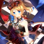  1girl ayase_eli black_gloves blonde_hair blue_eyes checkered checkered_floor elbow_gloves gloves kan_(rainconan) looking_at_viewer love_live!_school_idol_project skirt smile solo 