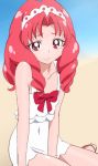  1girl akagi_towa go!_princess_precure long_hair looking_at_viewer manji_(tenketsu) pink_hair precure red_eyes smile solo swimsuit 