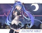  1girl absurdres aqua_eyes blue_hair character_name cowboy_shot crescent_moon detached_sleeves hatsune_miku headset highres long_hair moon night one_eye_closed skirt solo thigh-highs twintails very_long_hair vocaloid 