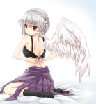  1girl albino back bangs black_bra black_legwear bra braid closed_mouth dress feathered_wings fuente gradient gradient_background gradient_hair grey_hair hair_between_eyes highres kishin_sagume lace-trimmed_bra looking_back multicolored_hair no_shirt no_shoes on_bed open_clothes purple_dress red_eyes short_hair side_slit silver_hair single_wing sitting socks solo touhou underwear undressing wariza white_wings wings 