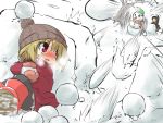  admiral_(kantai_collection) bangs barrier black_hair blonde_hair blurry bucket bucket_on_head carrot commentary_request fang gomasamune hat kantai_collection looking_back mikoto_freesia_scarlet mittens object_on_head red_eyes scarf smile snow snow_boots snowball snowball_fight snowman squatting touhou tree 