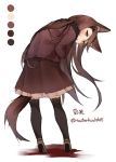 1girl alternate_costume animal_ears bent_over black_legwear blush brown_hair coat color_guide contemporary from_behind full_body high_heels imaizumi_kagerou long_hair long_sleeves looking_at_viewer looking_back simple_background skirt solo tail thigh-highs touhou toutenkou twitter_username white_background wolf_ears wolf_tail zettai_ryouiki 