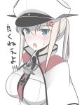  1girl anchor anger_vein blonde_hair blue_eyes blush breasts capelet commentary_request cross graf_zeppelin_(kantai_collection) hair_between_eyes hat jacket kantai_collection large_breasts long_hair looking_at_viewer masupa_kiriu necktie open_mouth peaked_cap sidelocks simple_background solo sweatdrop translation_request twintails uniform white_background 