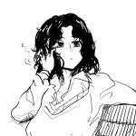  1girl amagami bench black_hair blazer collarbone hand_in_hair long_hair looking_ahead looking_to_the_side m.purin messy_hair monochrome open_collar simple_background sitting sketch solo tanamachi_kaoru upper_body white_background 